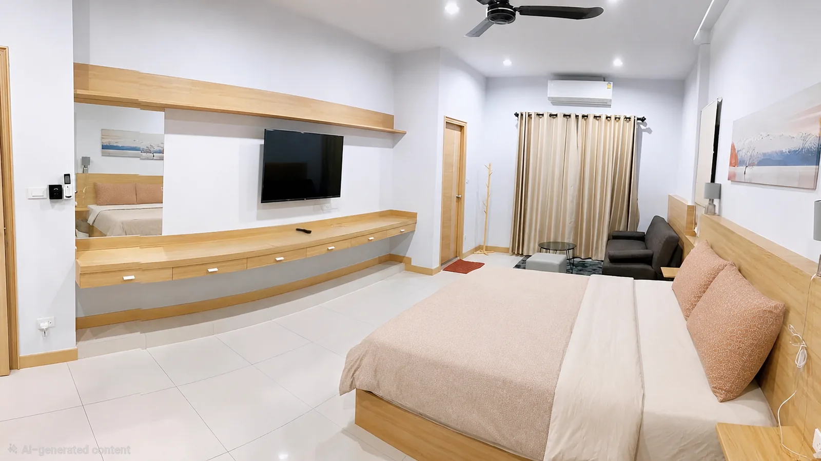 Master bedroom with queen bed, wall-mounted TV and seating