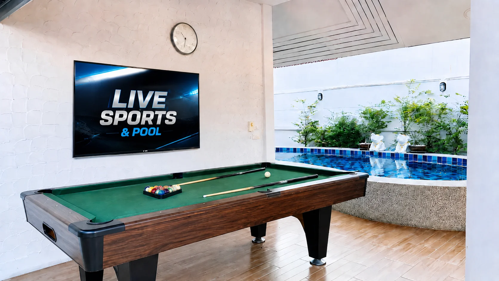 Pool table and TV beside the private pool at After Party Villas, Sukh Sabai, Pattaya