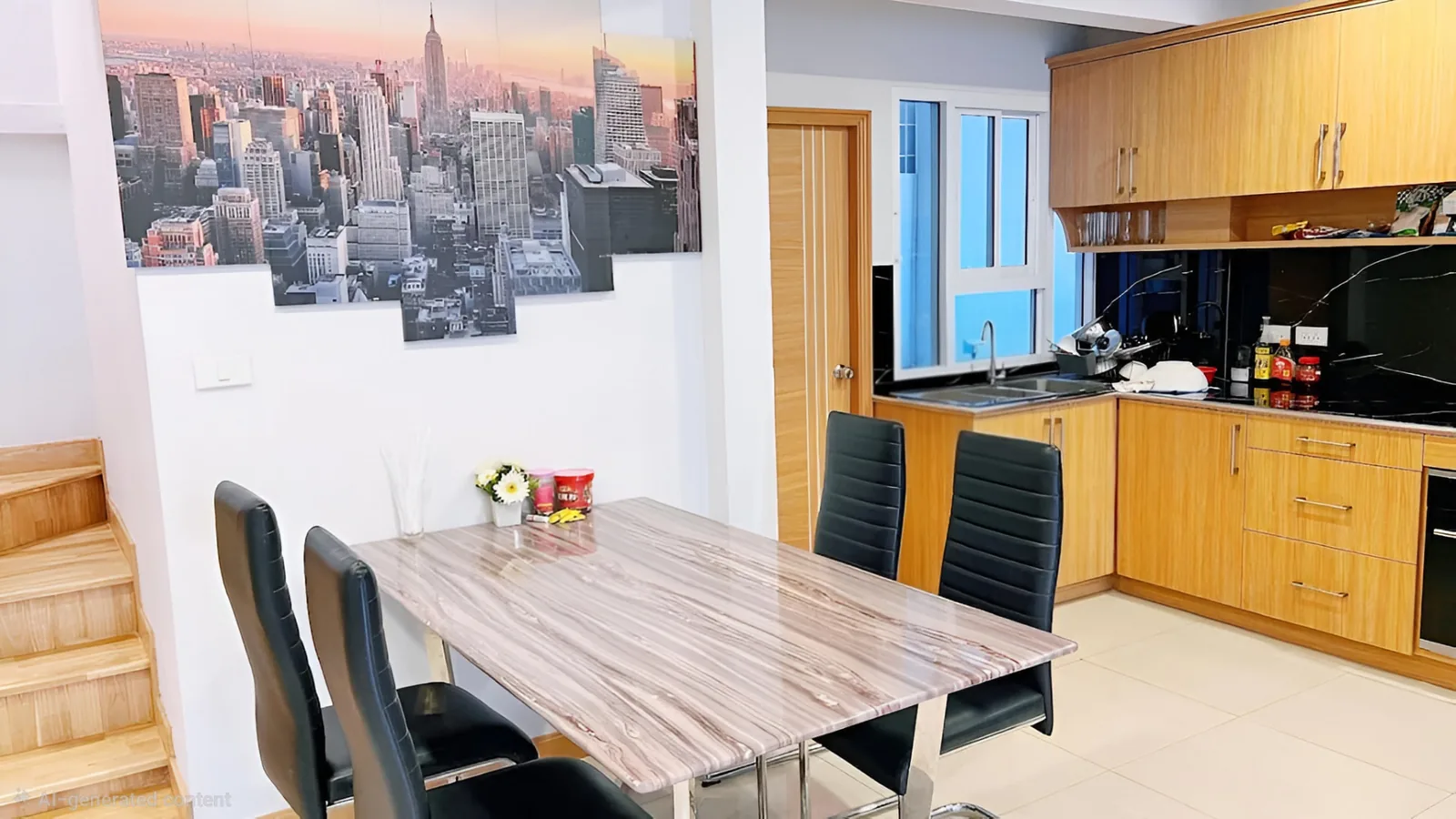 Dining area with marble-topped table beside the kitchen at After Party Villas