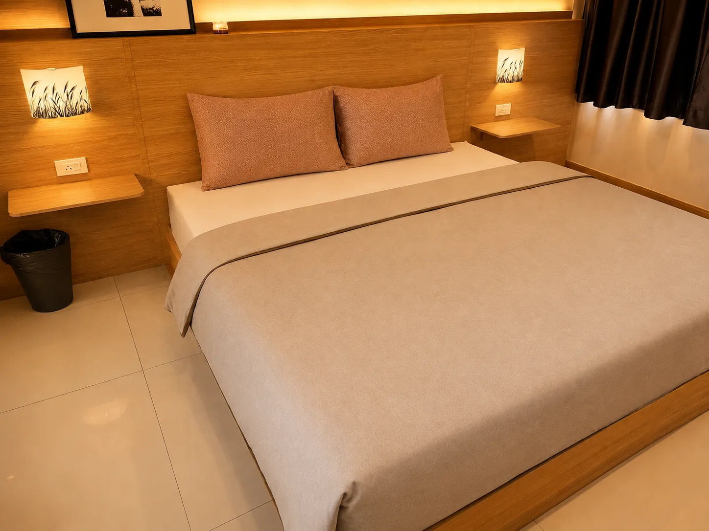 Bedroom with king bed and neutral linens at After Party Villas, Suksabai Villa, South Pattaya